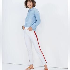 Madewell Womens Stovepipe Jeans Size 32 Tile White Orange Tuxedo Stripe Edition